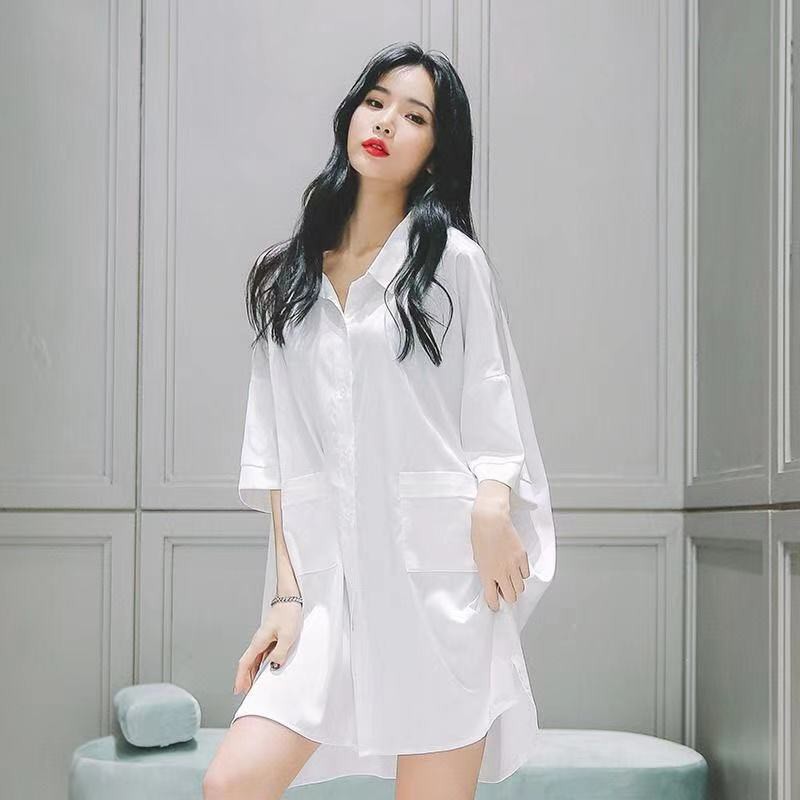 Đầm ngủ / mặc nhà mỏng tay lửng kiểu sơ mi bạn trai quyến rũ màu trắng thời trang mùa xuân hè thu cho nữ