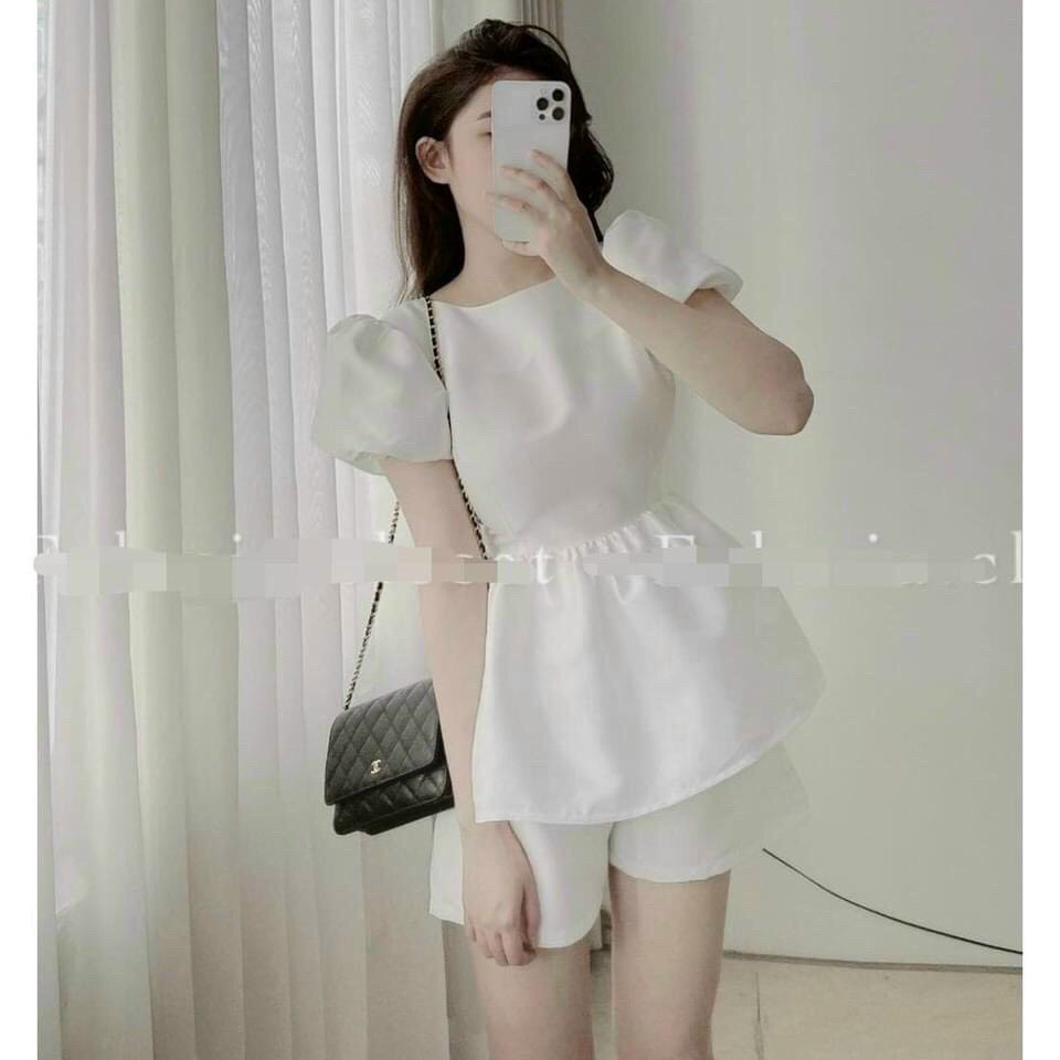 Siêu phẩm set bộ hai món váy có nơ thắt sau lưng kèm quần ngắn trơn, set bộ nữ đáng yêu dễ thương só đính nơtay áo phồng