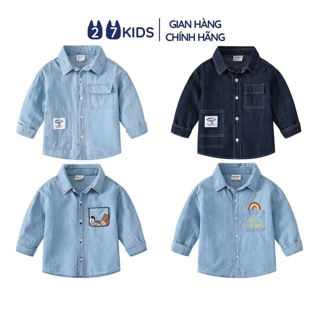 Áo sơ mi jean bé trai dài tay 27Kids WELLKIDS bò mềm cổ bẻ đi học nam cho trẻ từ 2-8 tuổi BLSH4