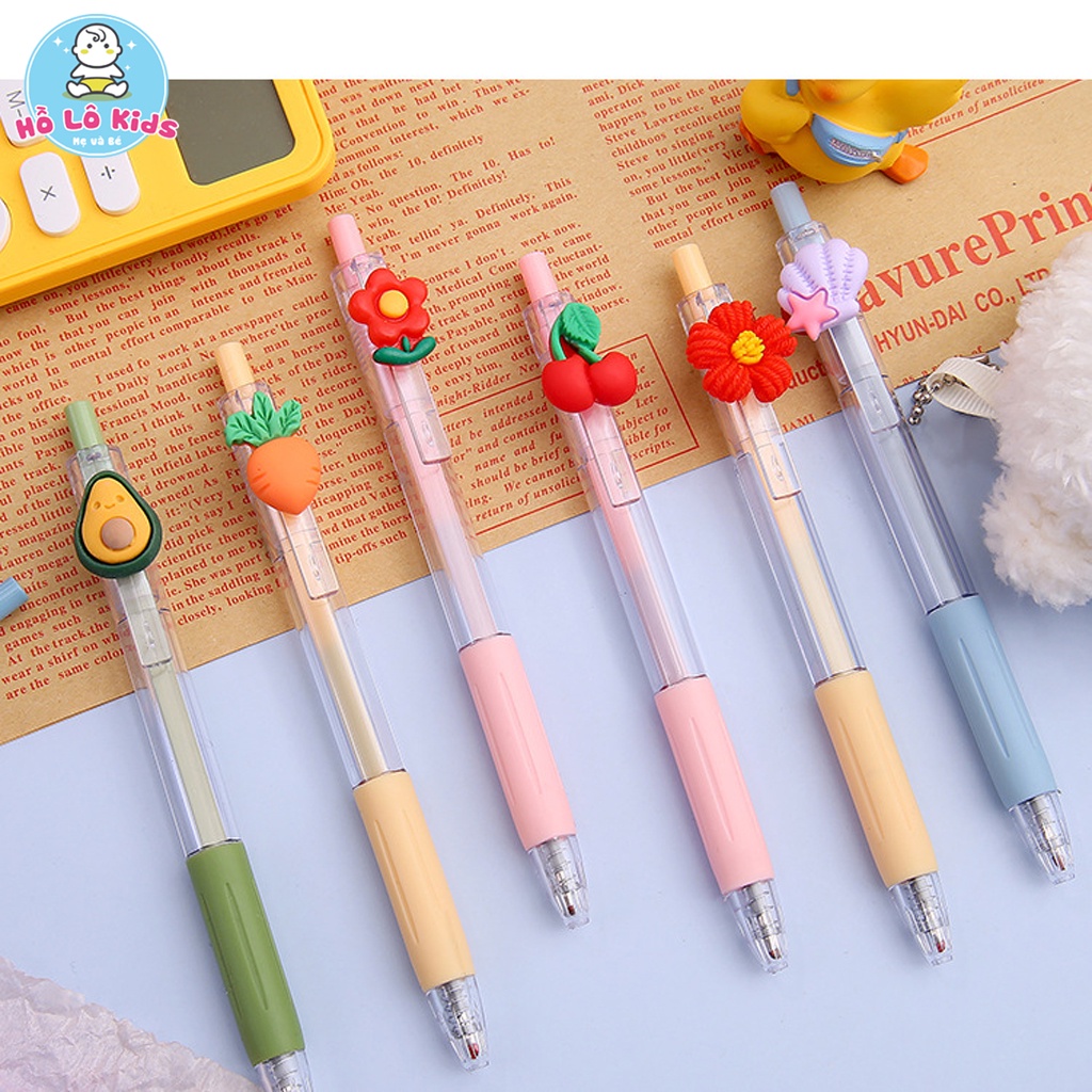 Bút bi nước cute mực đen ngòi 0.5mm, vỏ bút trong suốt gắn hoa quả dễ thương Hồ Lô Kids