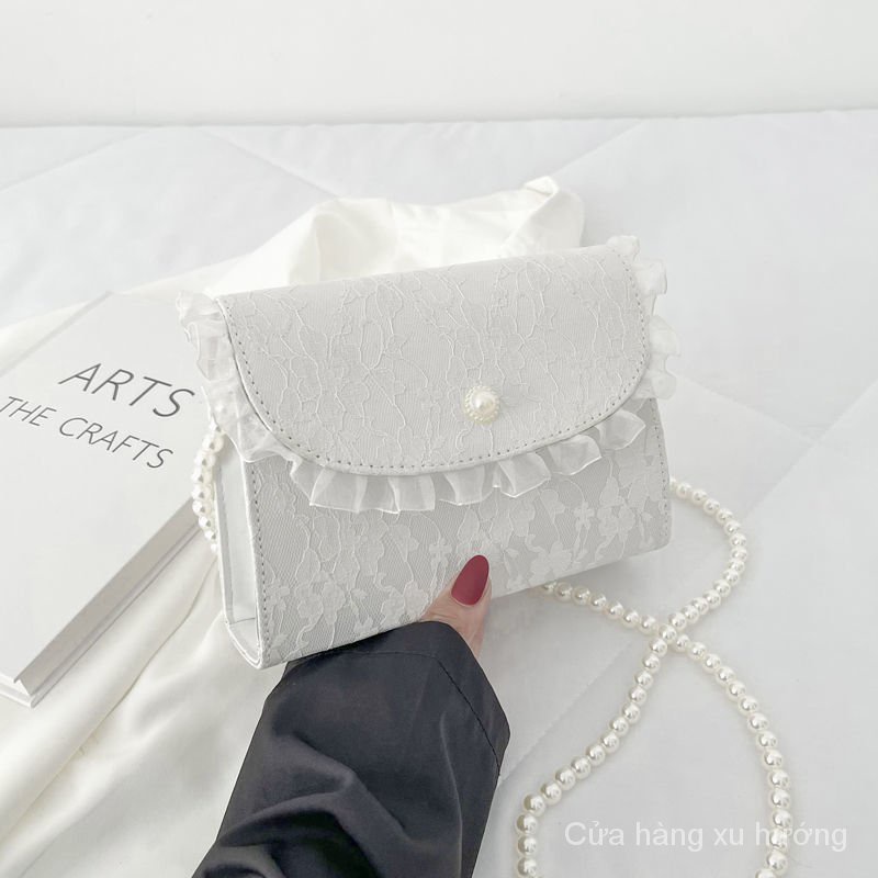 Túi đeo chéo vai hình vuông nhỏ phối ren và ngọc trai nhân tạo phong cách Nhật Bản thời trang 2022 cho bạn nữ