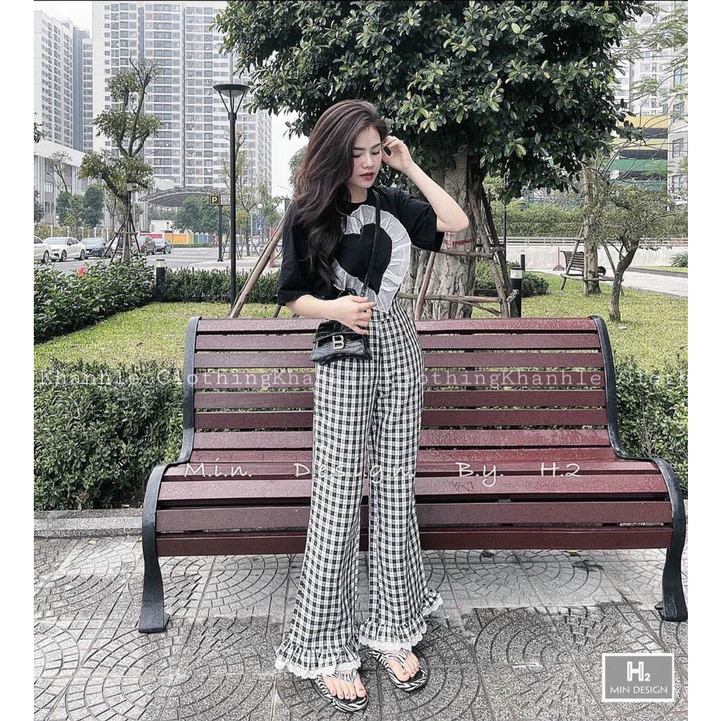 set bộ áo thun tim bèo ngực kèm quần carro k