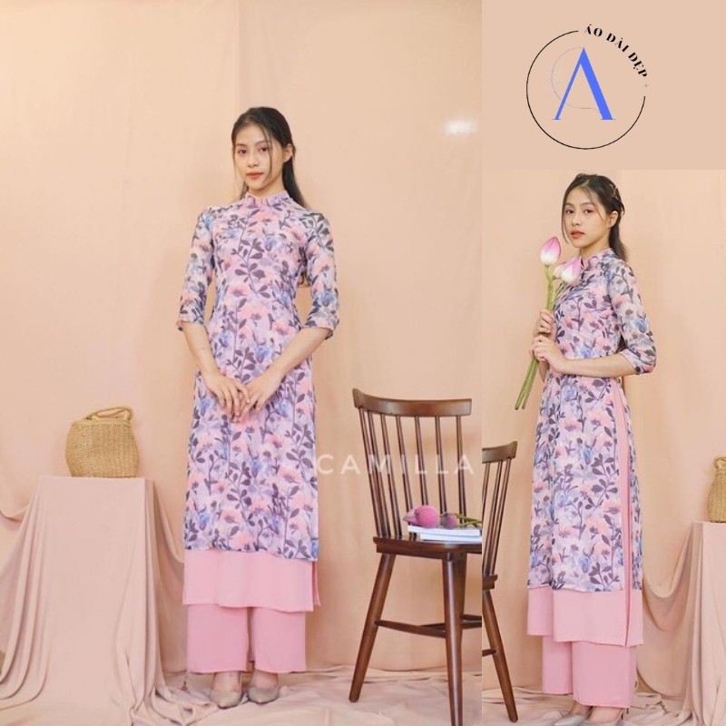 Áo Dài Cách Tân - Áo Dài Hoa Nhí Lửng Màu Tím Nhạt Xinh Tươi 4 Tà ADV01