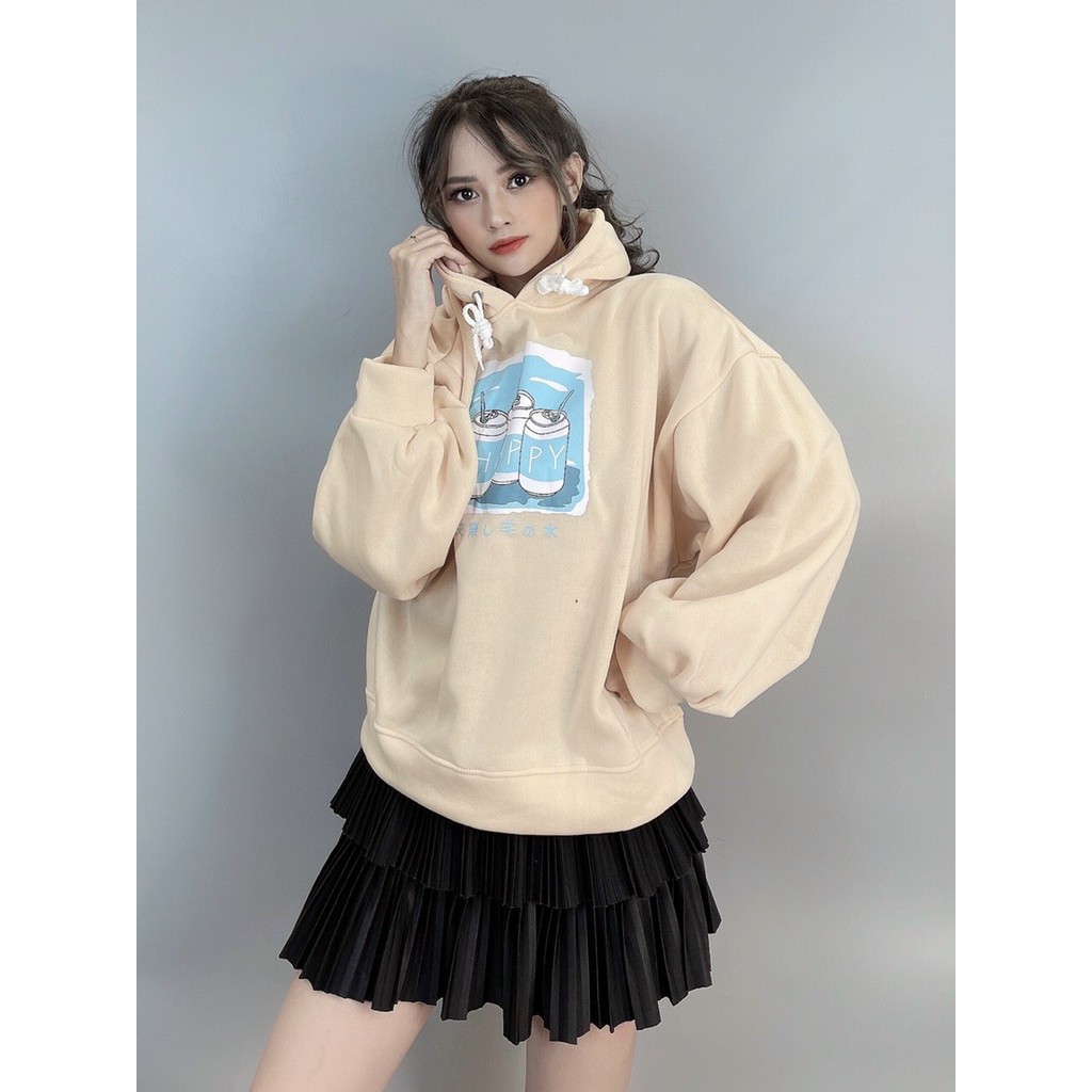 Áo Hoodie Nỉ Bông Tay Phồng in 3 LON NƯỚC Form Rộng Unisex Nam Nữ Ulzzang