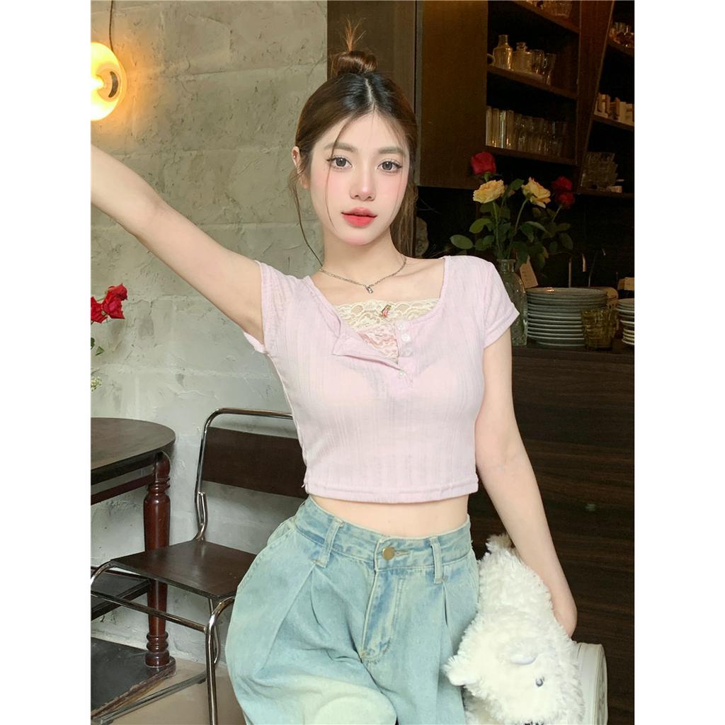 Lalisas Áo Croptop Ngắn Tay Phối Ren Thiết Kế Ngọt Ngào Cho Nữ