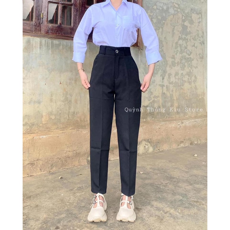 QUẦN TÂY BAGGY NỮ ĐI HỌC CẠP CÓ ĐAI LƯNG CAO MÀU ĐEN DÁNG DÀI - QUẦN VẢI CÔNG SỞ VITEX DÀY DẶN PHỐI ÁO SƠ MI ĐI HỌC LÀM