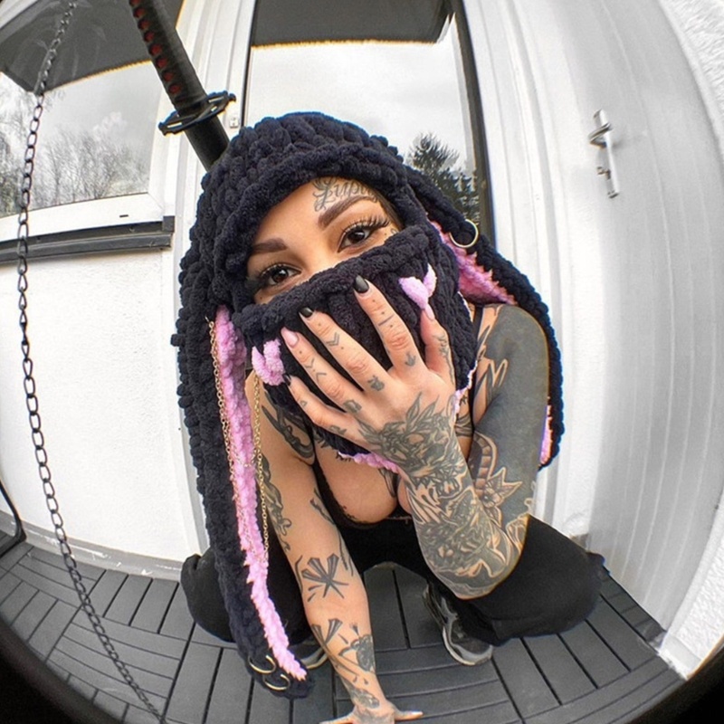 Mũ Dệt Kim Đính Tai Thỏ Hoạt Hình Chống Gió Thời Trang Thu Đông