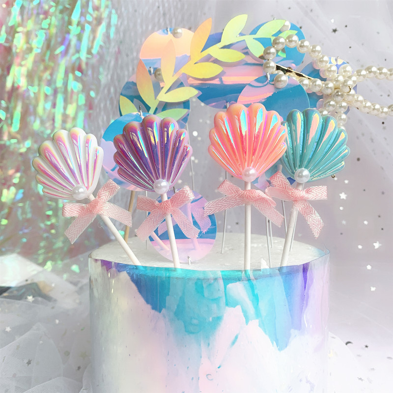 Que cắm trang trí bánh kem cupcake chủ đề dưới đáy biển nàng tiên cá nhỏ vỏ sò nhiều màu sắc cho tiệc tùng sinh nhật