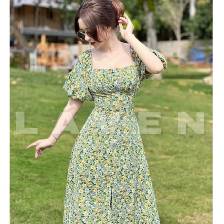 Váy Nữ Dự Tiệc,đầm Lụa Xòe Hoa Cúc Nhí Thiết Kế Cổ Vuông Tay Phồng Ôm Dáng Body Điệu Đà Sang Chảnh Thời Trang [xm Minh P