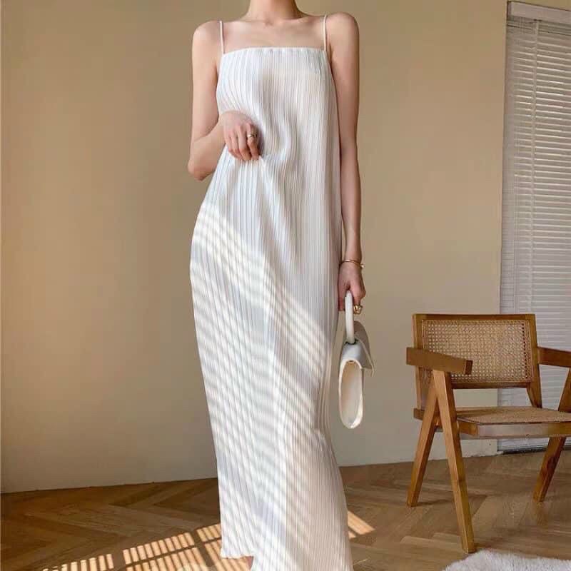 Đầm hai dây dập li siêu xinh dáng maxi kèm ảnh thật