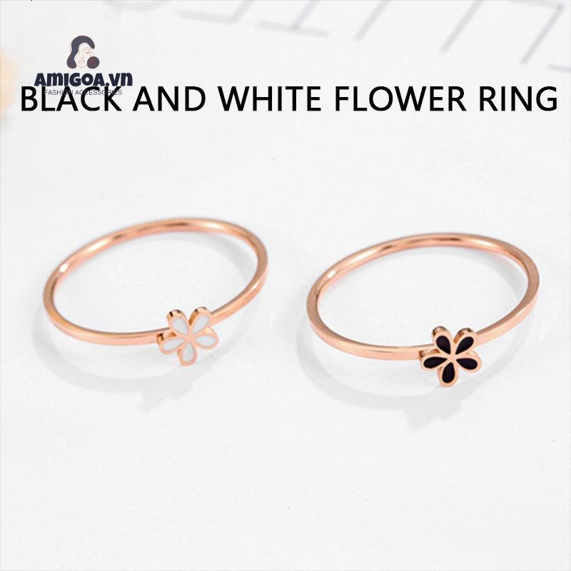Nhẫn Khắc Hình Hoa Cúc Nhỏ Màu Trắng Đen Thời Trang Hàn Quốc