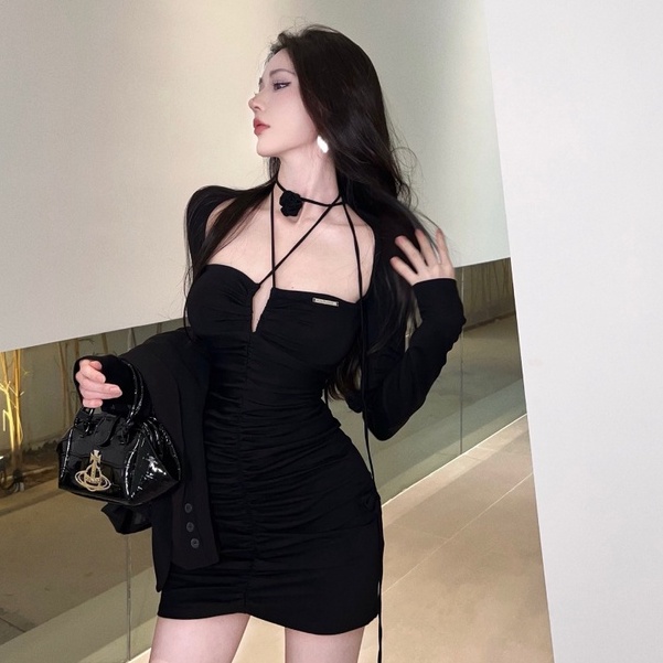 Đầm Đen Dài Tay Bó Hông Cột Dây Gợi Cảm Cho Nữ