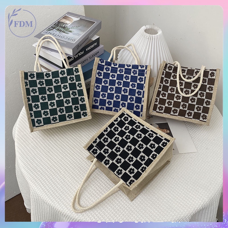 Túi tote vải canvas hình vuông nhiều màu in họa tiết hoa xinh xắn tiện dụng mang theo du lịch/ dã ngoại