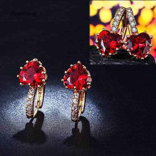 Bông Tai Mạ Vàng 18K Đính Đá Zircon Hình Trái Tim Đỏ Thời Trang Cho Nữ