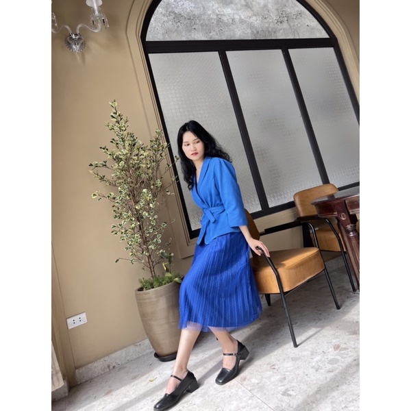 Set áo blazer chân váy xanh nước biển tôn da