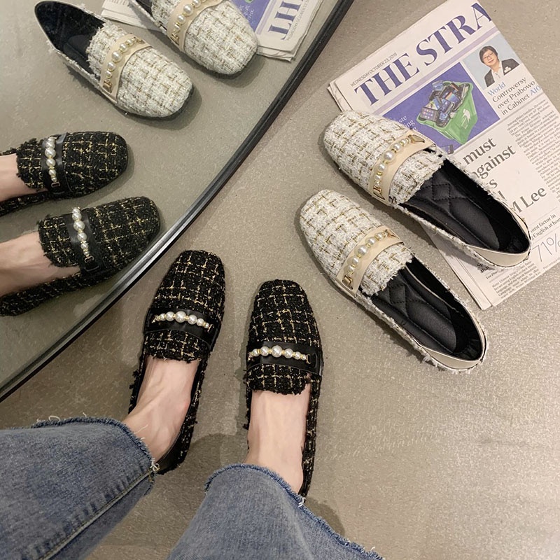 Ielgy Mùa Xuân Miệng Nông Bằng Da Lộn Mũi Vuông Đế Phẳng Đính Hạt Nhỏ Dễ Phối Đồ