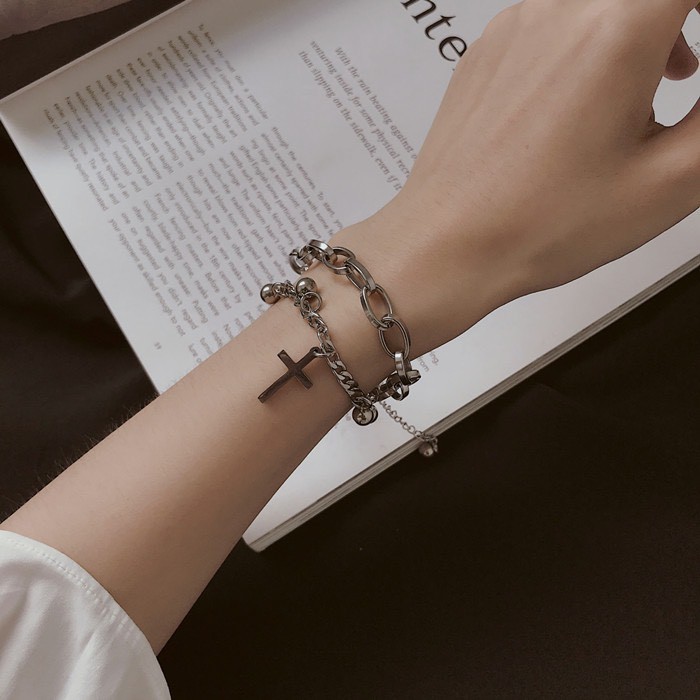 Vòng Tay Lắc Tay Nam Nữ 2 Lớp Dây Chữ Thập Thép Titan Không Gỉ B12