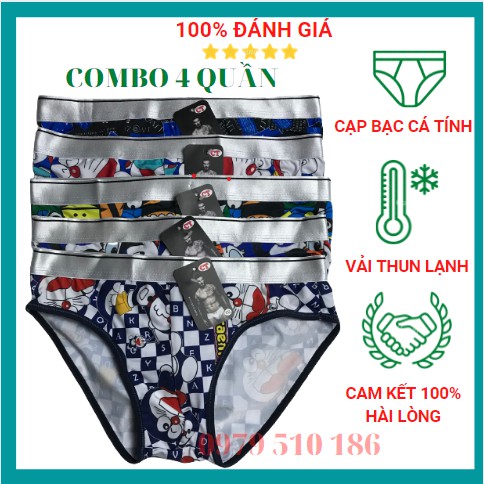 Combo 4 quần lót tam giác hoạt hình doremon, chuột mickey...chất liệu thun lạnh co giãn tốt, thoải mái mát mẻ.