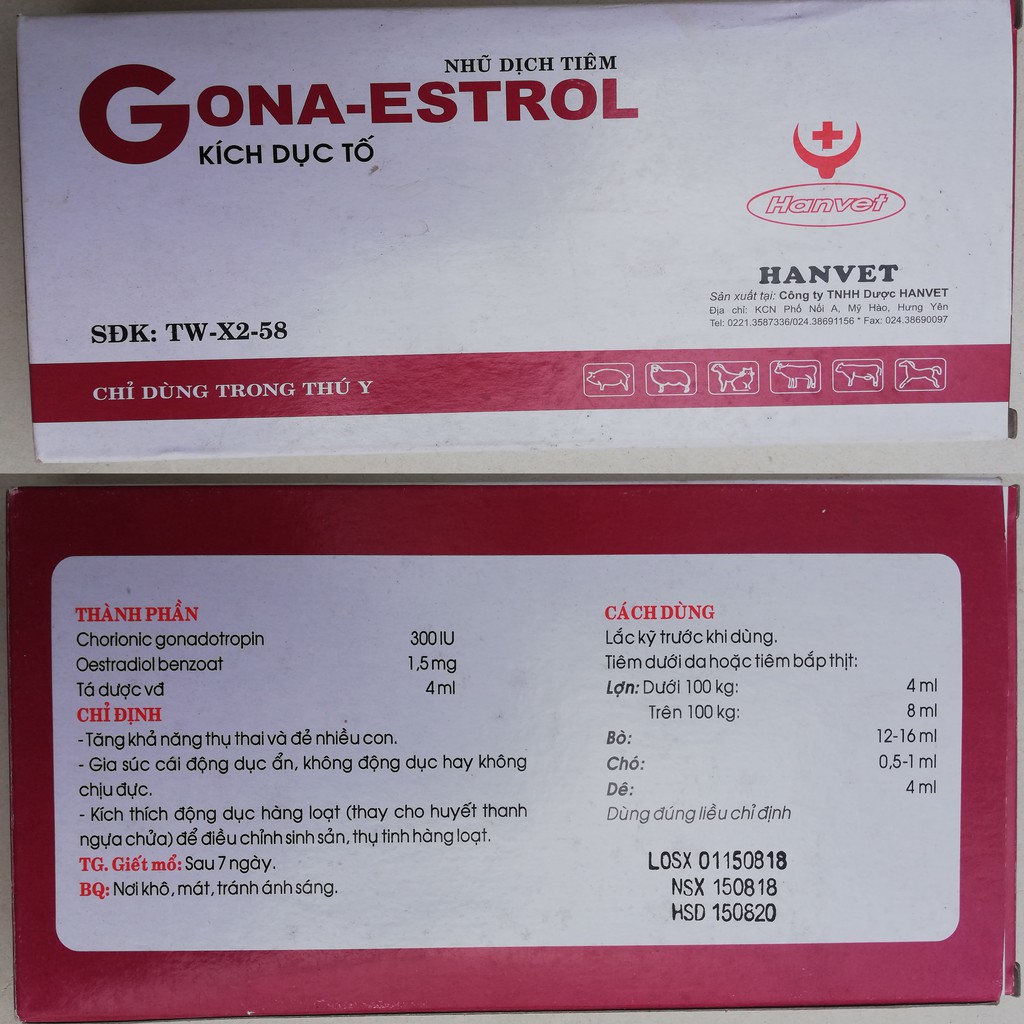 Oestradiol và Gona-Estrol 5 ml chuyên dùng cho gia súc, trâu, bò, lợn, dê, chó, thỏ