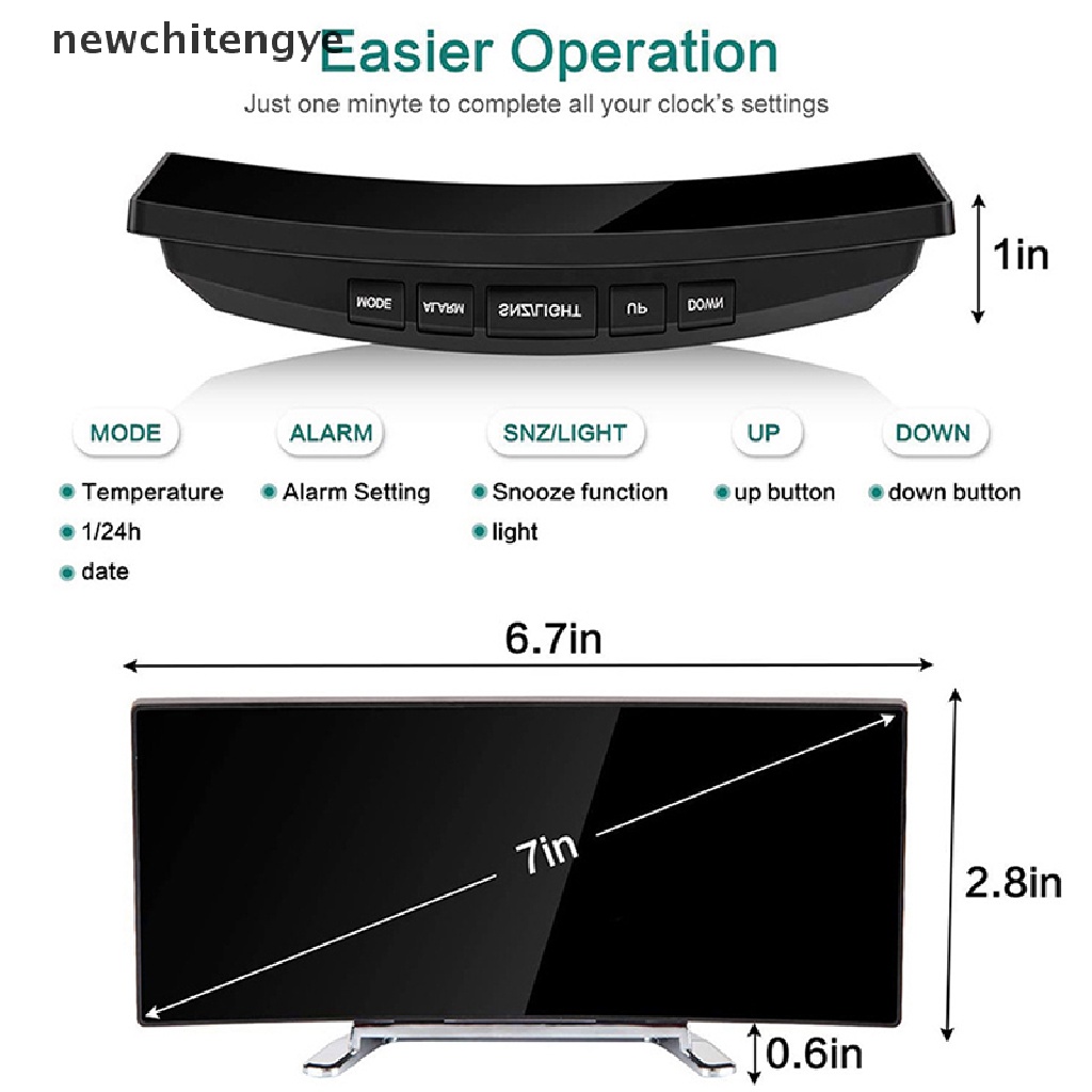 NCY 7 Inch Digital Alarm Clock Curved Dimmable Led Electronic Digital Desktop Clock Large Number Table Clock YE