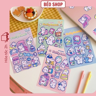 Sét tấm dán sticker Béo shop , hình dán trang trí laptop điện thoại giấy tập sổ lưu niệm thỏ Fluffy rabbit ST07