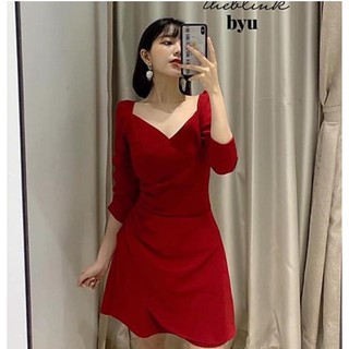 Đầm xòe chéo tà xếp li eo tay phồng đính ngọc
