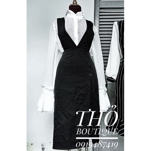 Set bộ đầm ADRIENNE VITTADINI vintage midi I sơ mi voan trắng dài tay loe yếm bút chì đen cổ V