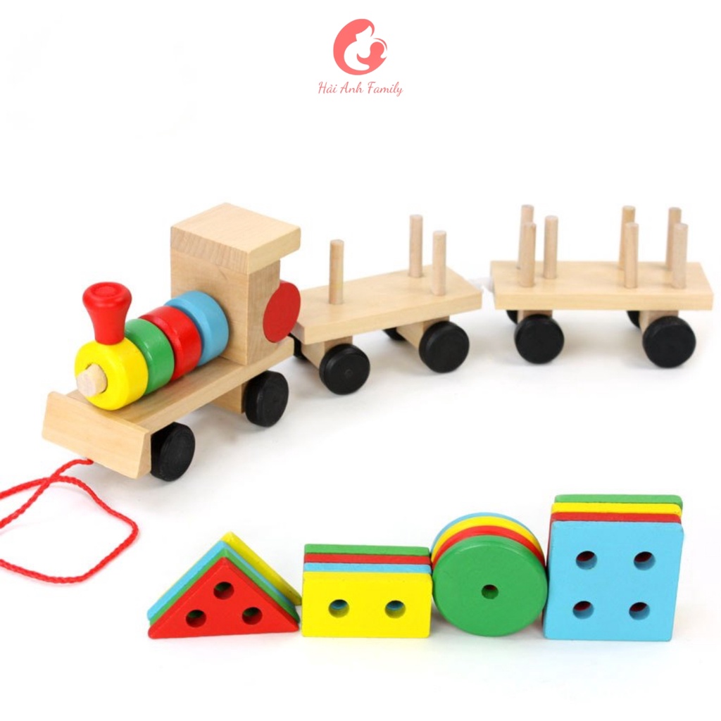 Đồ chơi tàu lửa gỗ 3 toa thả hình khối cho bé