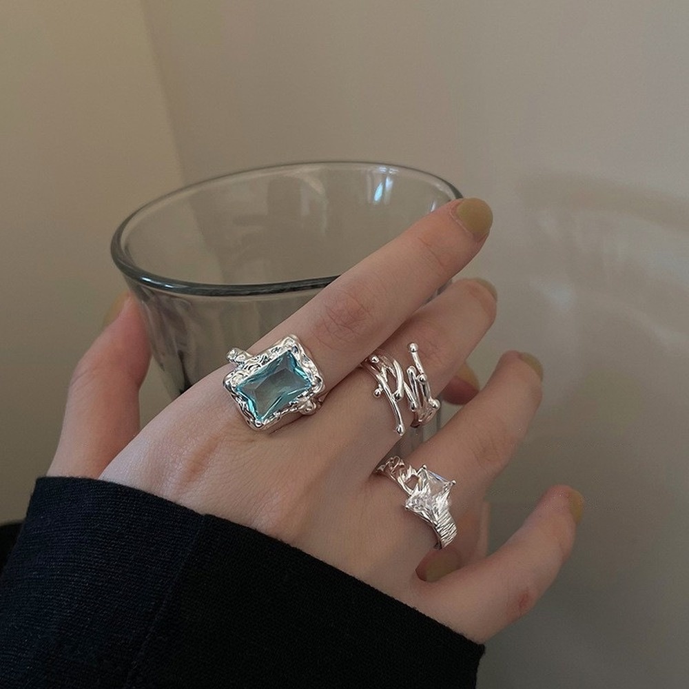 Nhẫn Hở Hình Học Bằng Bạc S925 Đính Đá Zircon Xanh Dương Thời Trang Phong Cách Hàn Quốc Cho Nữ