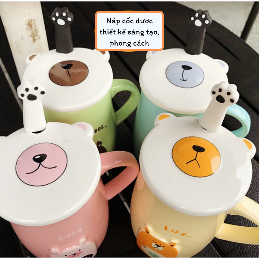 Cốc sứ dễ thương hình gấu 450ml, ly sứ có nắp đậy và thìa pha cà phê, pha trà