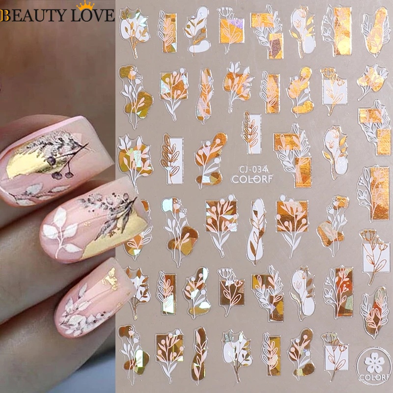 1 Tấm Sticker / Miếng Dán Trang Trí Móng Tay Họa Tiết Hình Học 3D Màu Vàng Trắng