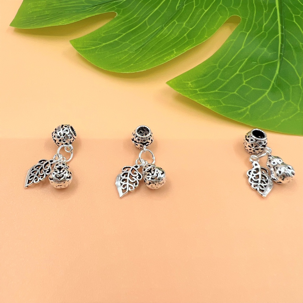 Charm móc treo lỗ lớn hình lá và hồ lô bạc thái - Charm Bạc 925 - Mã CA850