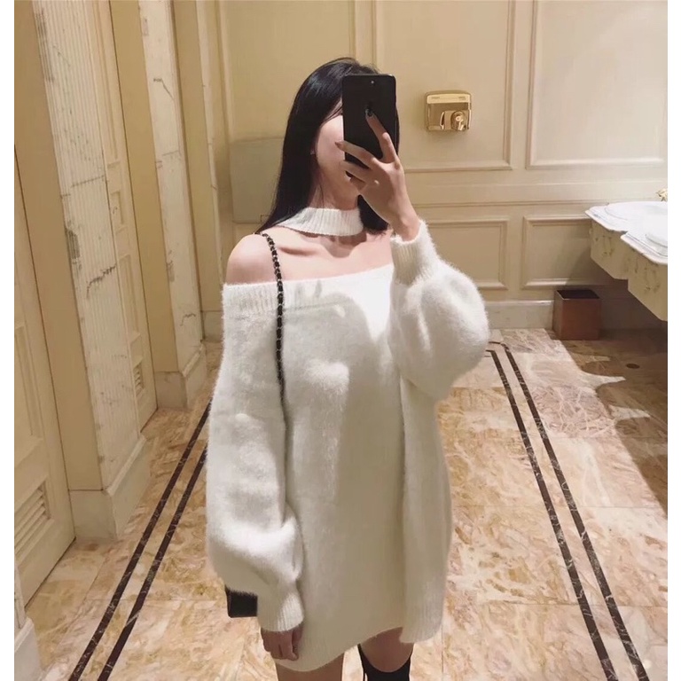 Áo len trễ vai lông thỏ tiểu thư choker trắng oversize loại 1-video thật | BigBuy360 - bigbuy360.vn