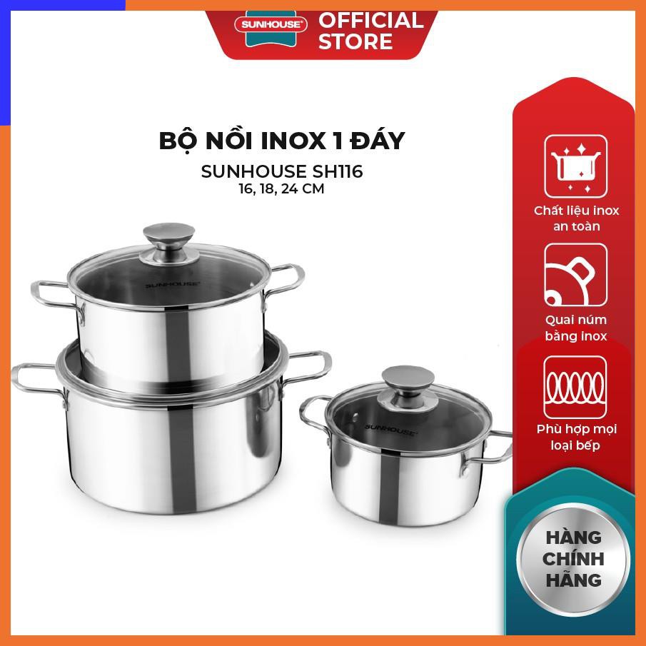 Bộ Nồi Inox 1 Đáy SUNHOUSE SH116 16, 18, 24 cm