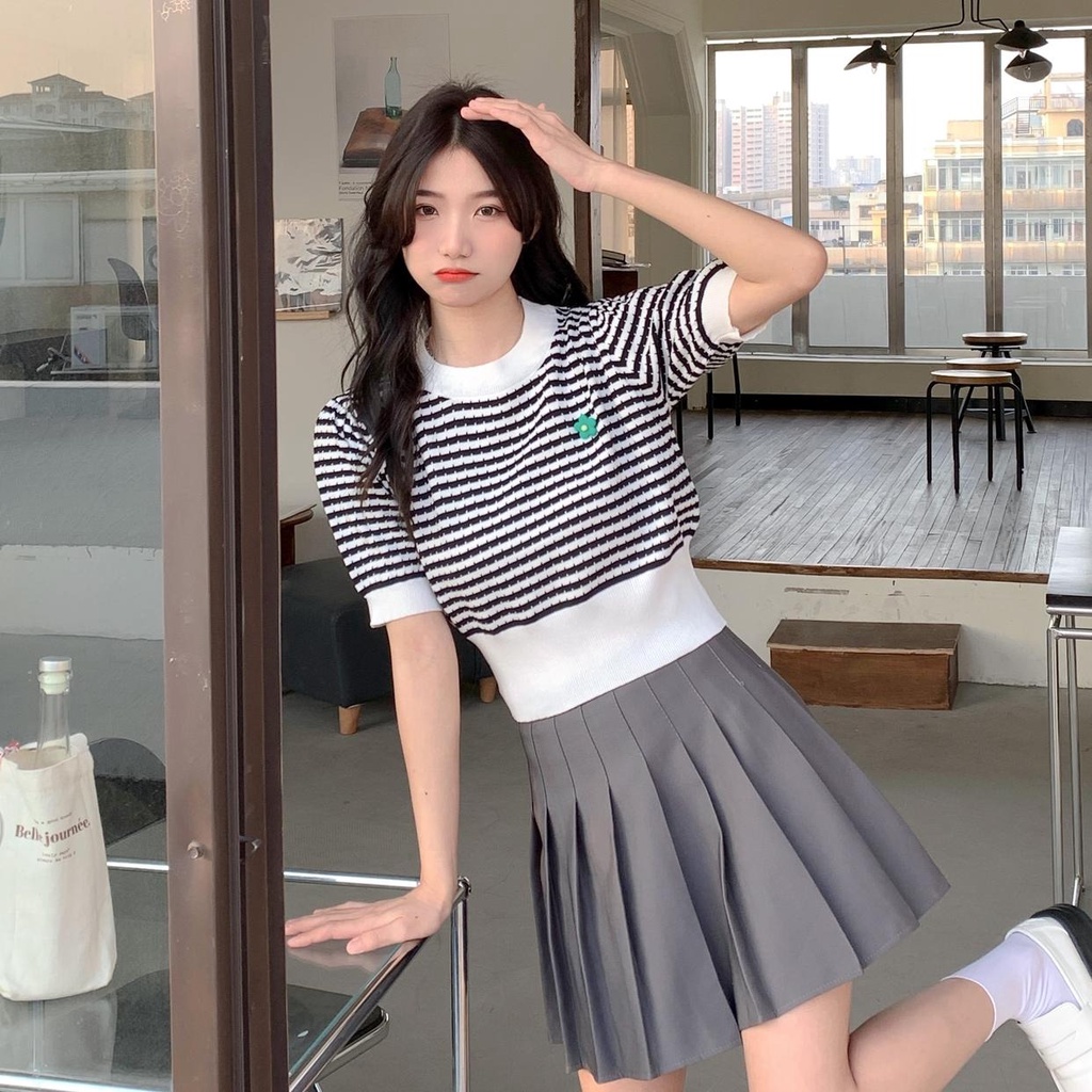 Áo thun ZHELIHANGFEI ngắn tay họa tiết sọc ngang thời trang dành cho nữ