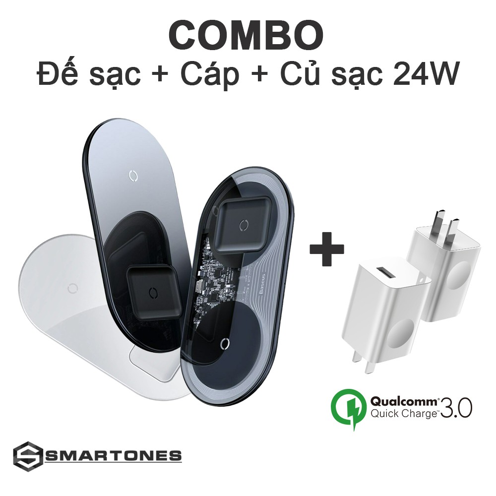 Bộ sạc không dây Baseus Simple 2 in 1 cống suất 15W sạc 2 thiết bị đồng thời và Airpods cho iPhone, Samsung, Huawei...