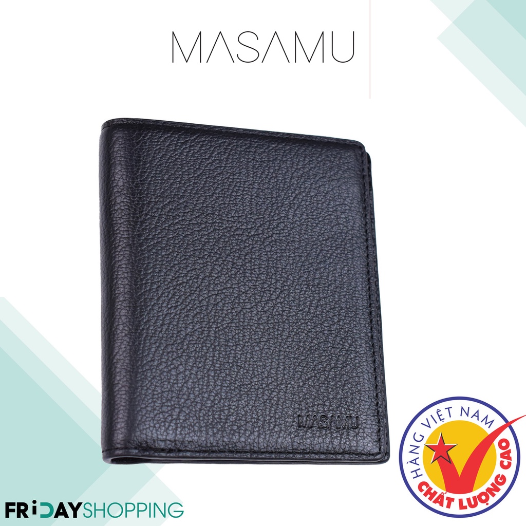 Ví da bò nam MASAMU Mal màu đen dạng đứng 2 ngăn