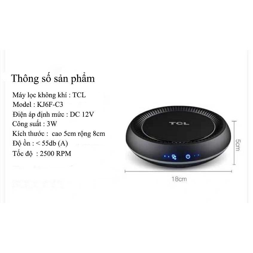 Máy lọc không khí ô tô, xe hơi TCL KJ6F-C3 lọc bỏ bụi bẩn PM 2.5mm cao cấp (tặng kèm 1 lõi lọc, có tổng cọc 2 lõi)