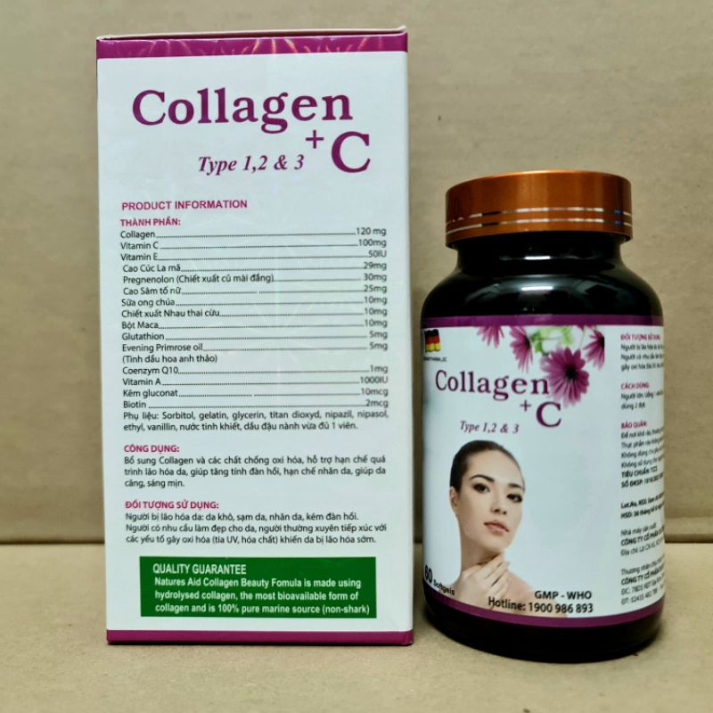 Collagen + C type 1,2 & 3 hạn chế lão hóa làn da, giúp da căng mịn trắng sáng - Hộp 60 viên