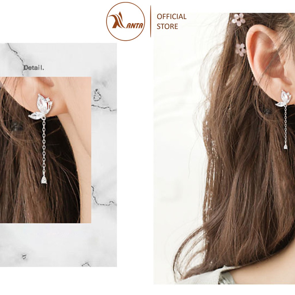 Bông tai bạc kiểu dáng lá thả dài đính đá sang trọng ANTA Jewelry - ATJ7031