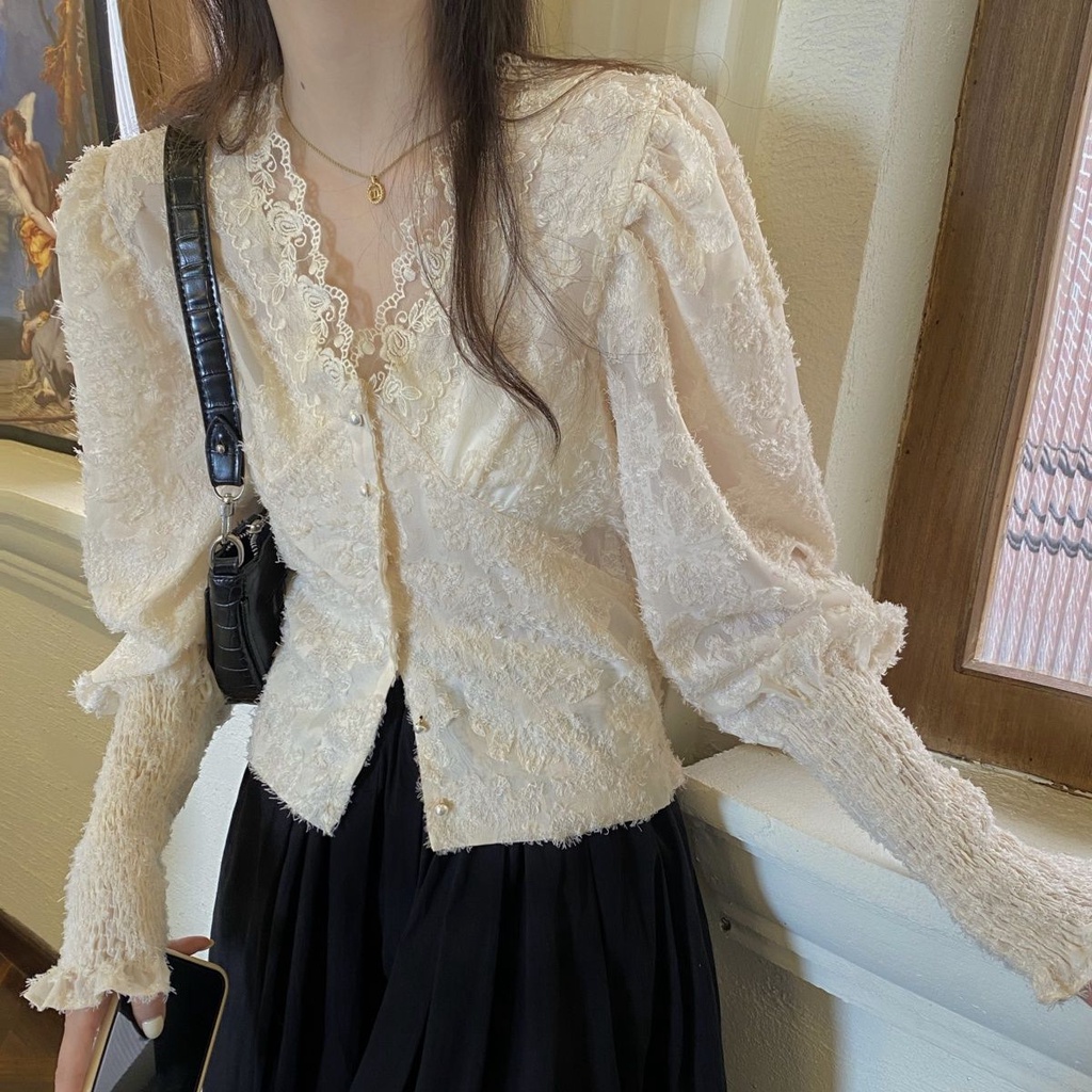 Áo kiểu tay dài cổ chữ V ôm dáng vải ren phong cách Phương Tây dễ phối đồ thời trang dành cho nữ