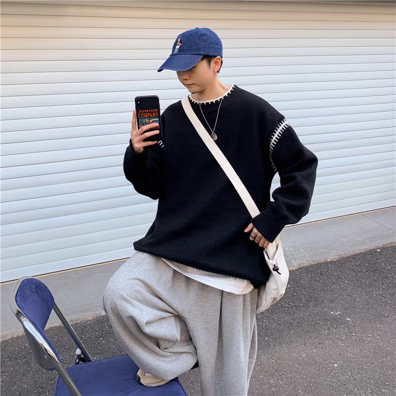 Áo sweater dệt kim tay dài cổ tròn phong cách retro hàn quốc thời trang cho nam