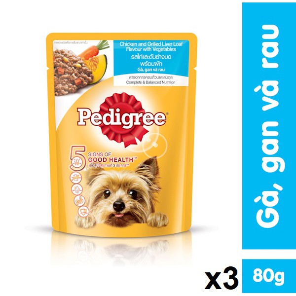 Bộ 3 túi thức ăn cho chó lớn dạng sốt Pedigree vị gà, gan và rau 80g