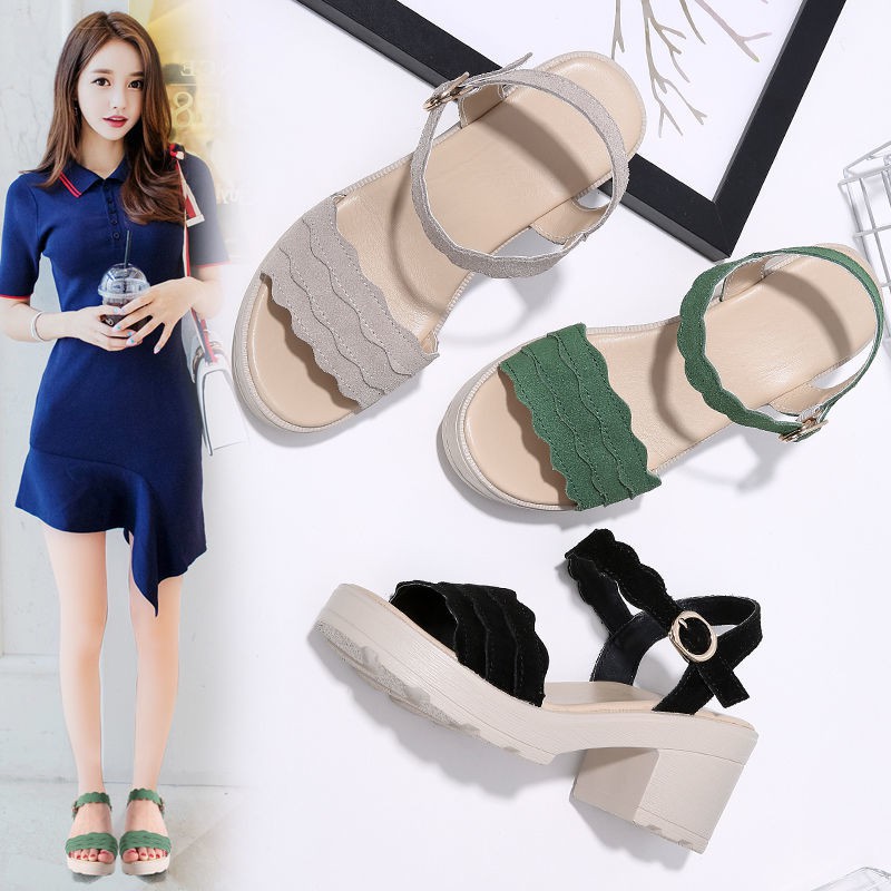 dép gótdép đế caoGuốc/Dép nữgiày 7cmGiàyGiàyDép Nữ giày caogiày nữ caogiày sandal 7cmdép thời trang dép cao từ◄㍿❦Red Bluefly 2021 summer leather slope heel sandals female mid-heel new thick buckle high-heel fairy style