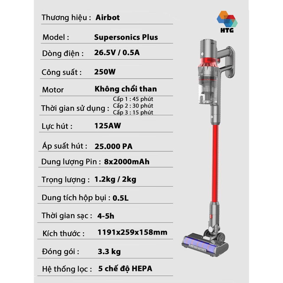 Máy hút bụi Airbot Supersonics Plus 25000Pa, hút và lau 2 trong 1, giường nệm sofa tiện lợi, ống hút xe hơi dụng cụ