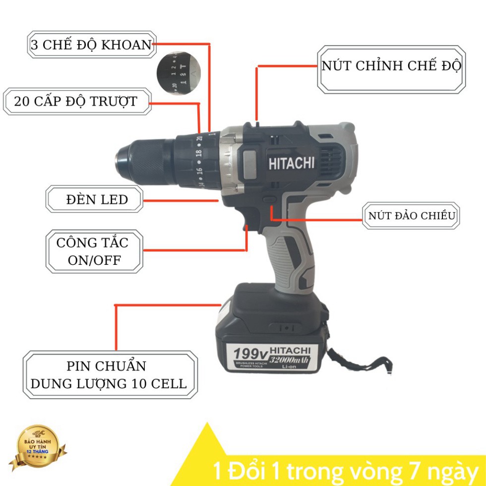 Áy khoan pin 118V Hitachi 3 chức năng có búa - Động cơ 775 siêu mạnh mẽ, Tặng 21 chi tiết ...