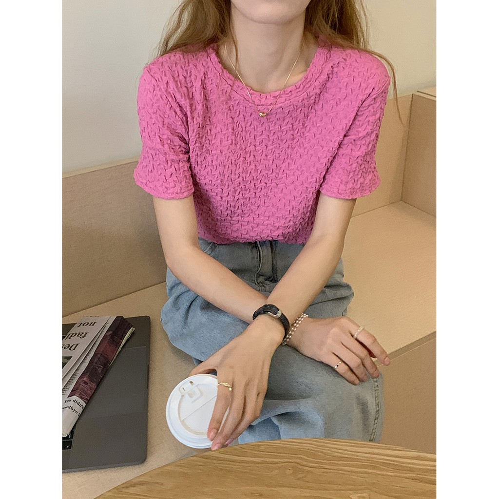 Áo thun tay phồng màu sắc đơn giản thời trang Hàn Quốc