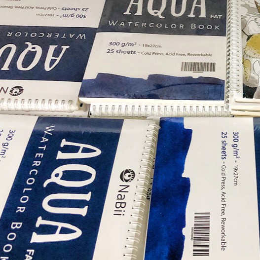 Sổ vẽ, giấy vẽ màu nước Nabii Aqua Fat 300gsm 25 tờ - sổ gáy lò xo, vân Cold Press