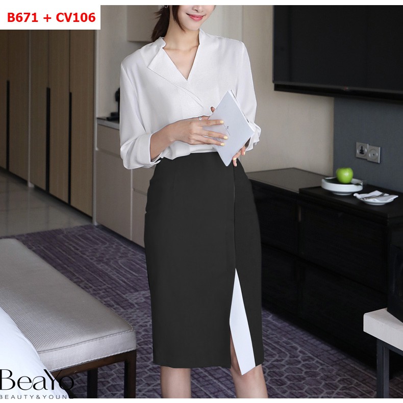 CV106- VÁY BÚT CHÌ PHỐI VẠT TRẮNG | BigBuy360 - bigbuy360.vn