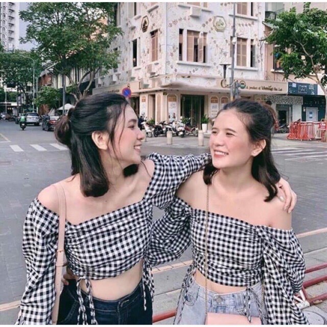 Áo bẹt vai caro dây rút N0410